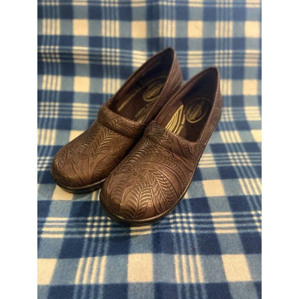 Women's Clogs Chef Nurse Shoes Floral Size 9.5 Brown Comfort Slip On Easy Street